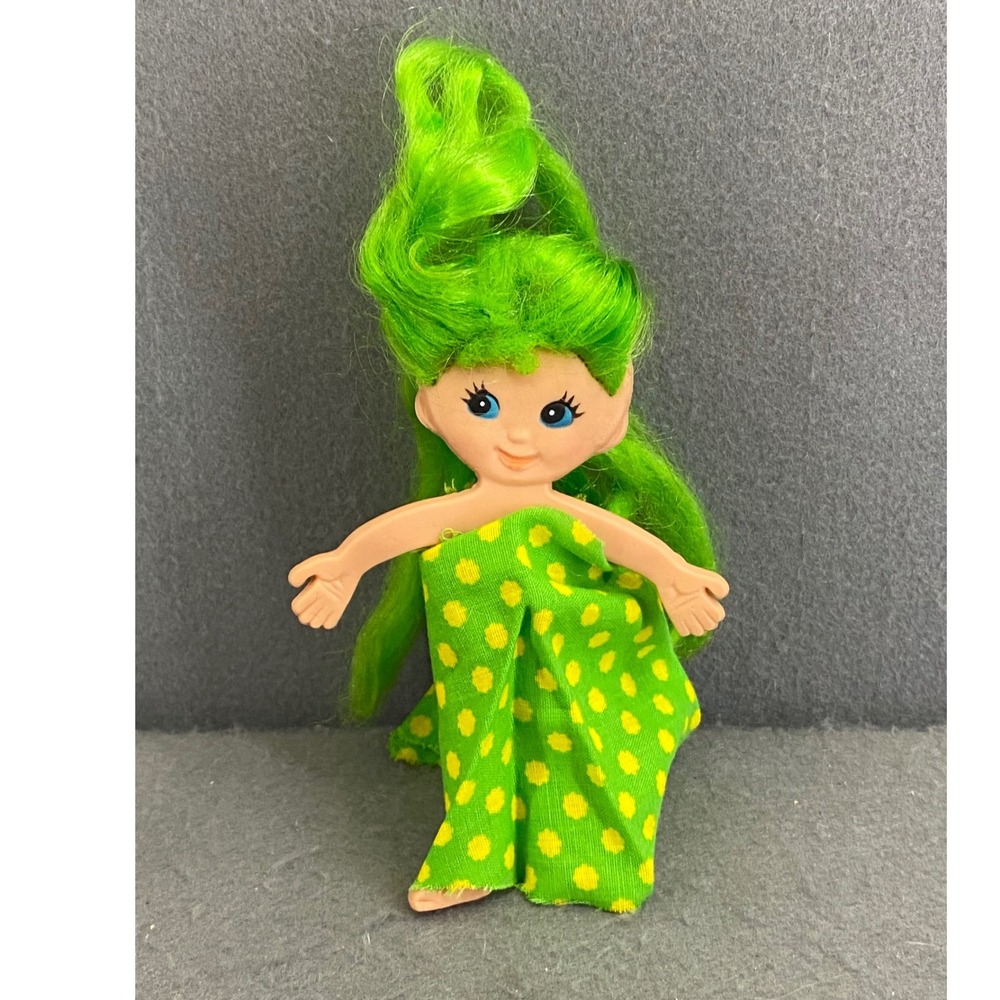 Vintage Flatsy Doll 70s Neon Green Hair Polka Dot Wrap‎ 4.5 Inch Retro Toy